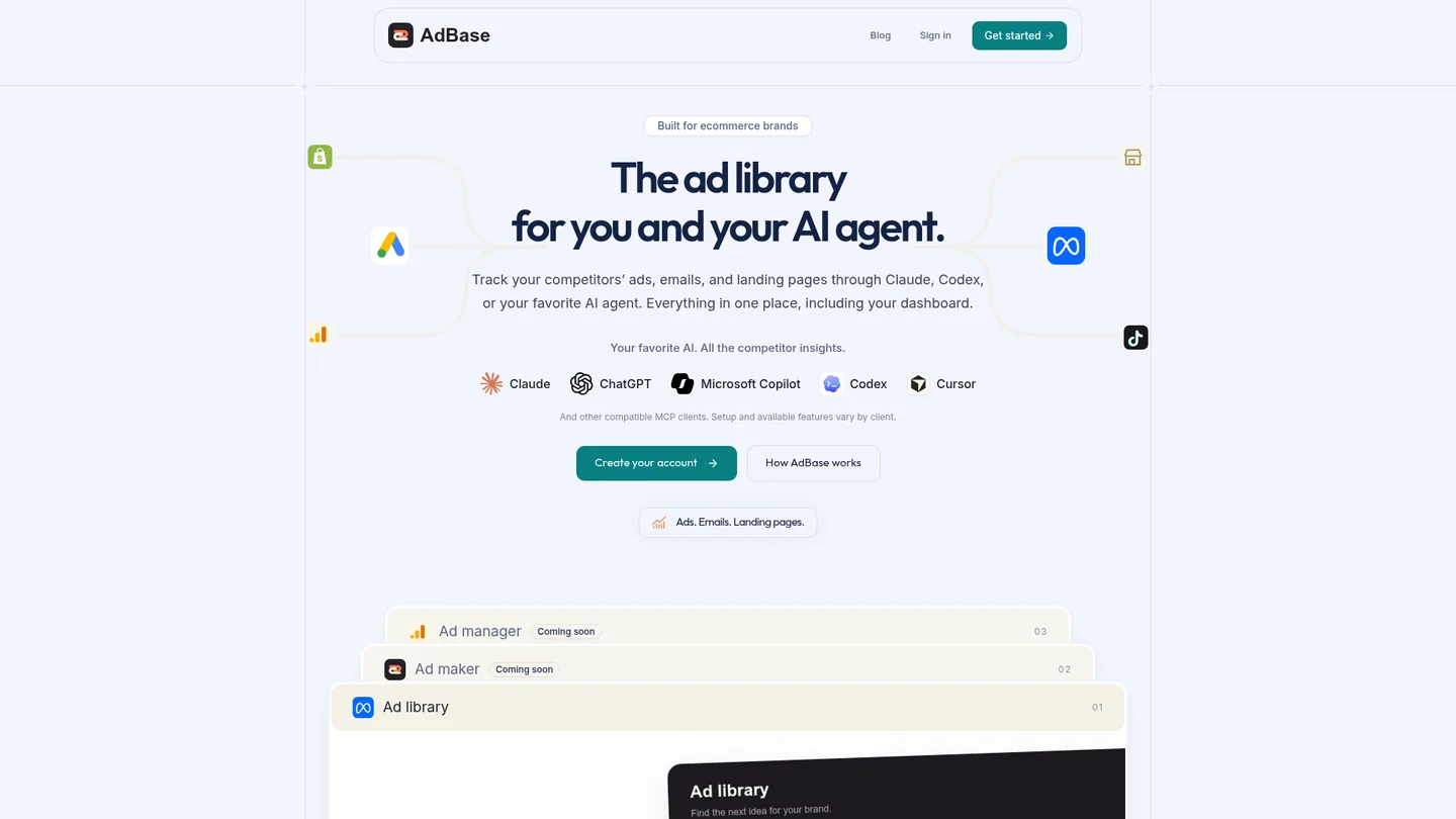 AdBase's current public homepage and product status, captured 29 September 2026