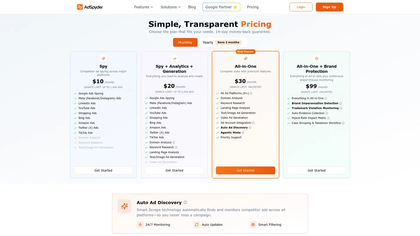 AdSpyder pricing page captured 29 September 2026