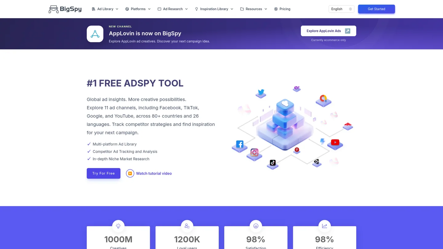 BigSpy public homepage captured 29 September 2026