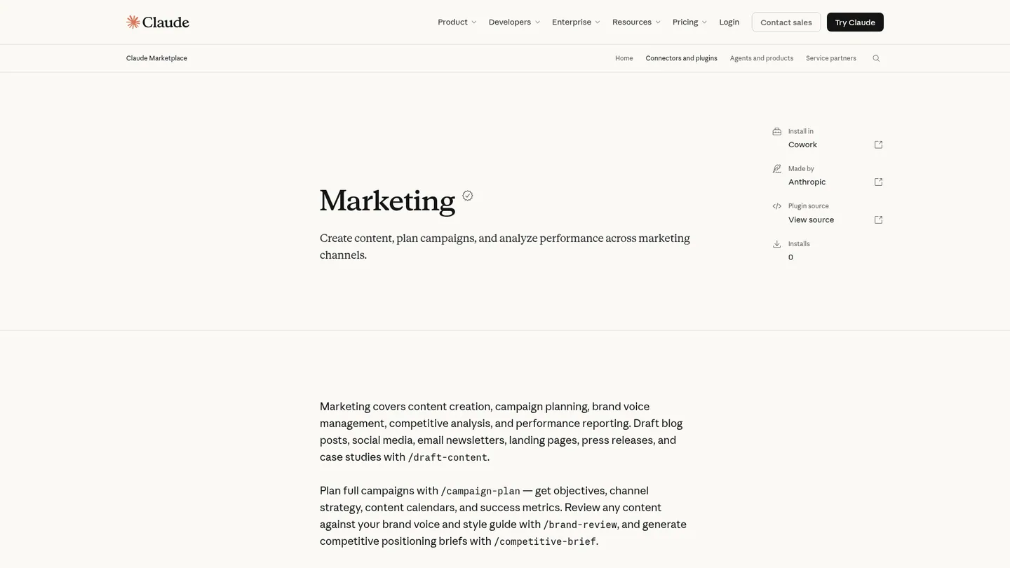 Anthropic's Marketing plugin page in Claude Marketplace, captured 29 September 2026