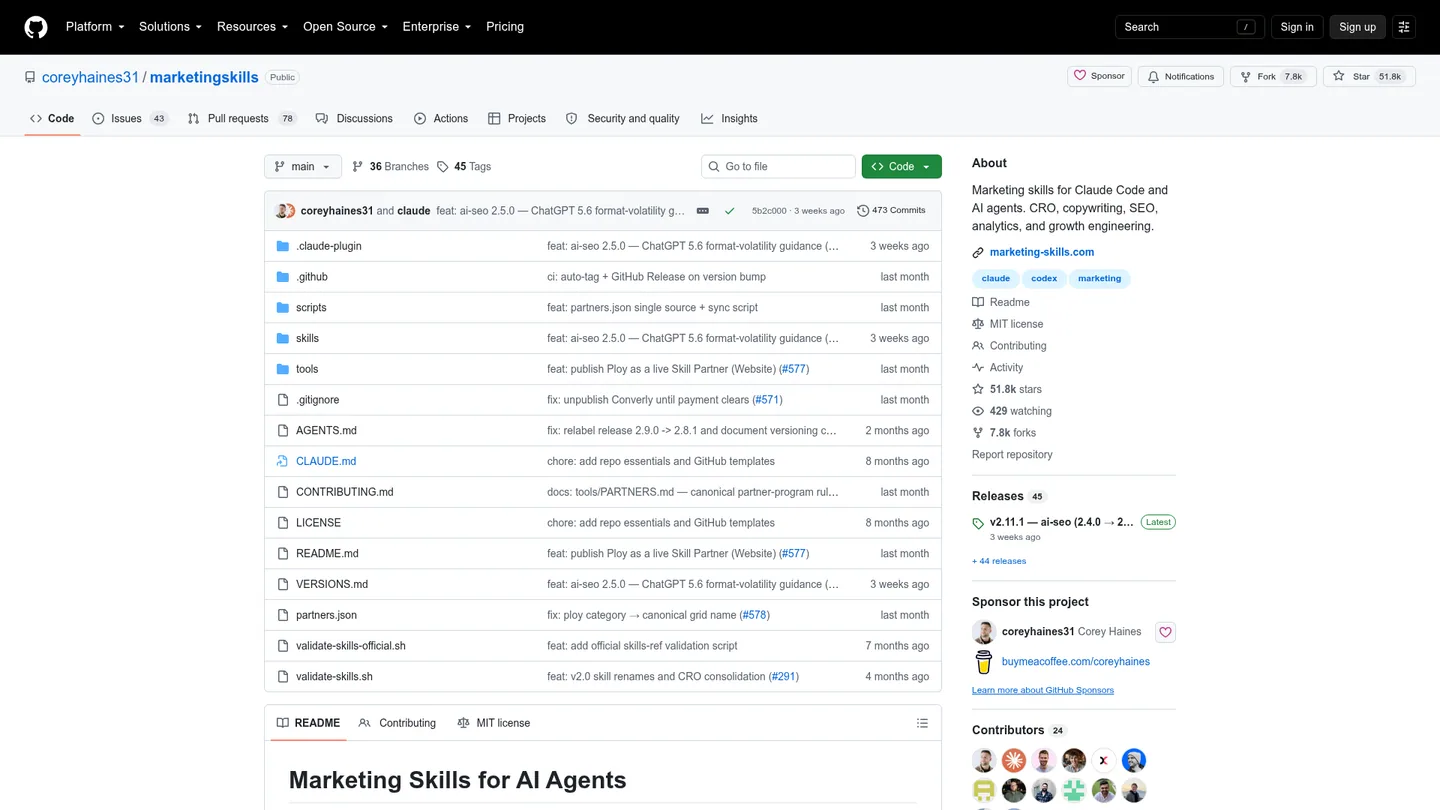 Corey Haines's public marketing-skills repository, captured 29 September 2026