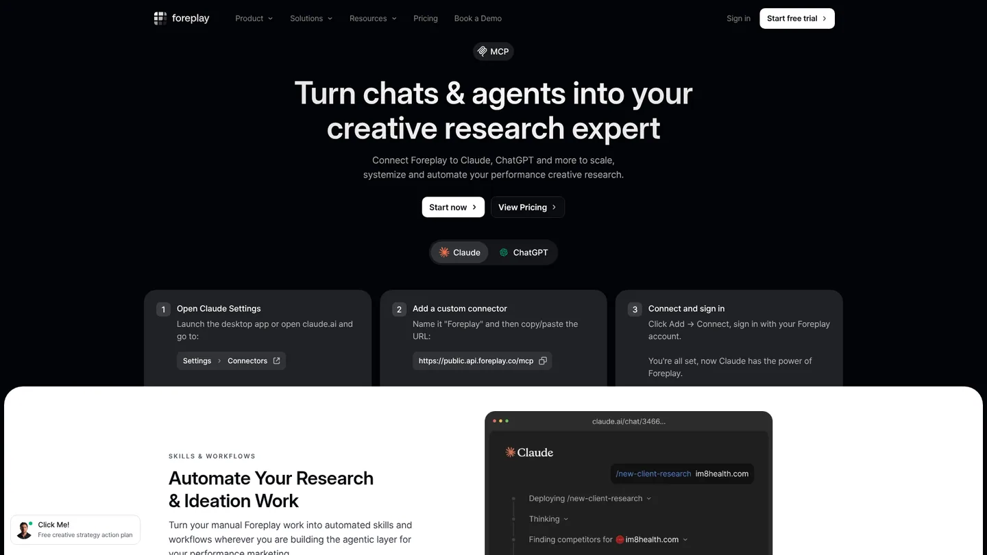 Foreplay's MCP page for AI-client creative research, captured 29 September 2026