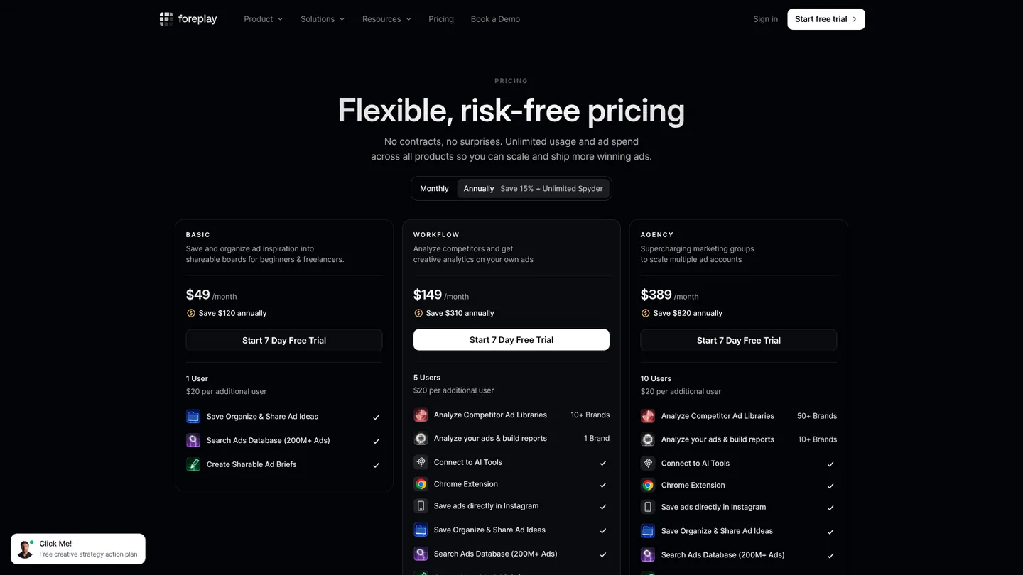 Foreplay pricing page with plan options, captured 29 September 2026