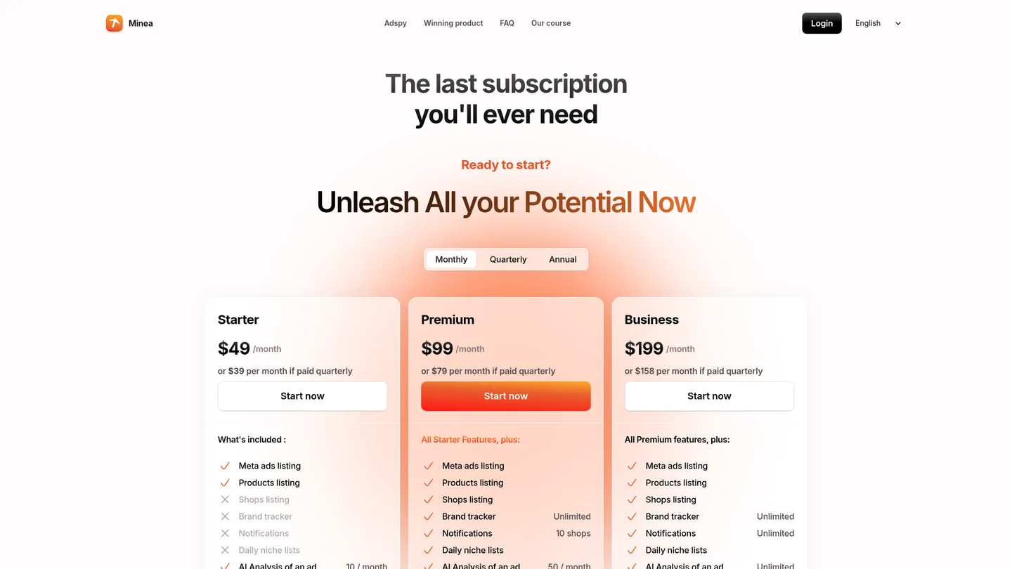 Minea pricing page, monthly billing selected, captured 29 September 2026