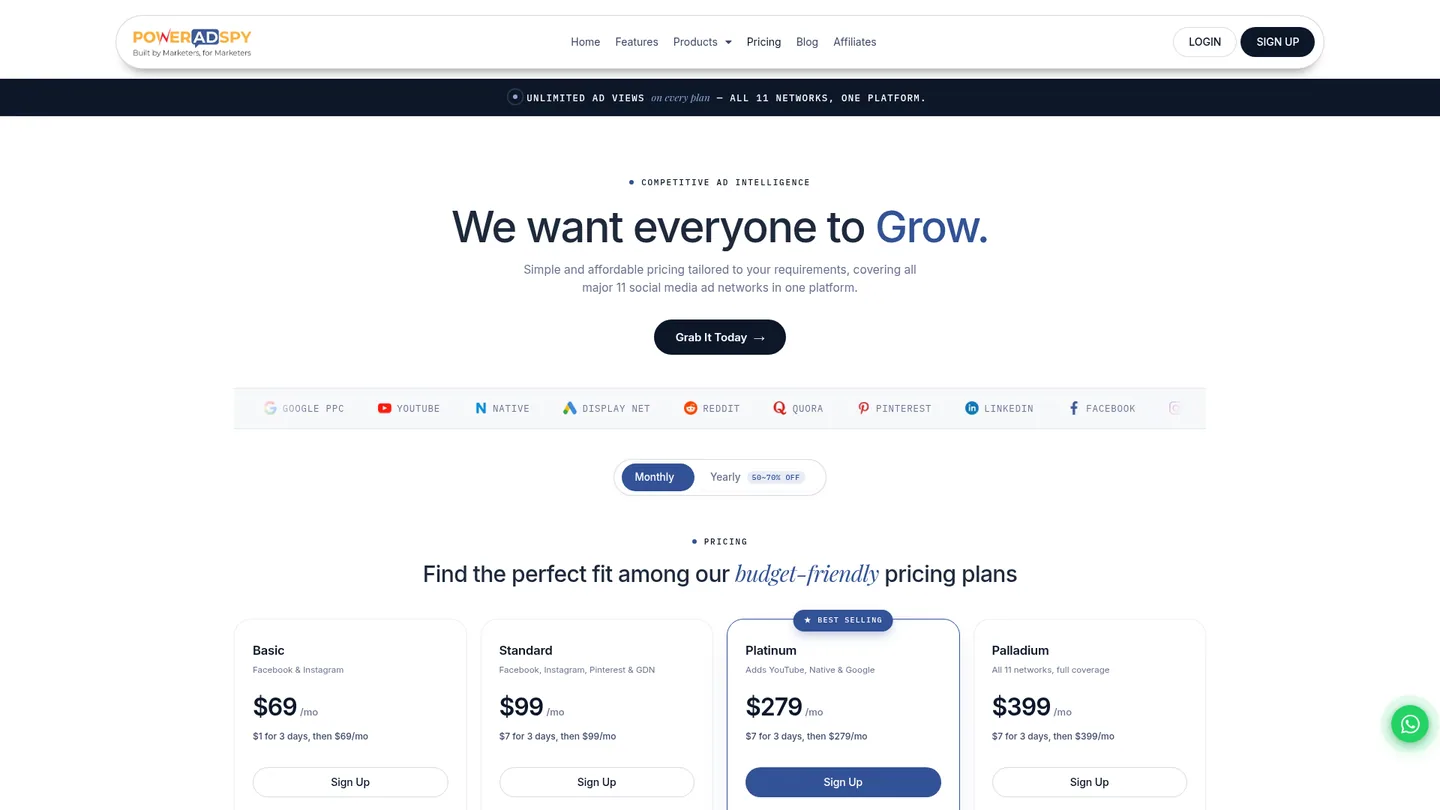 PowerAdSpy pricing page and trial offer captured 29 September 2026