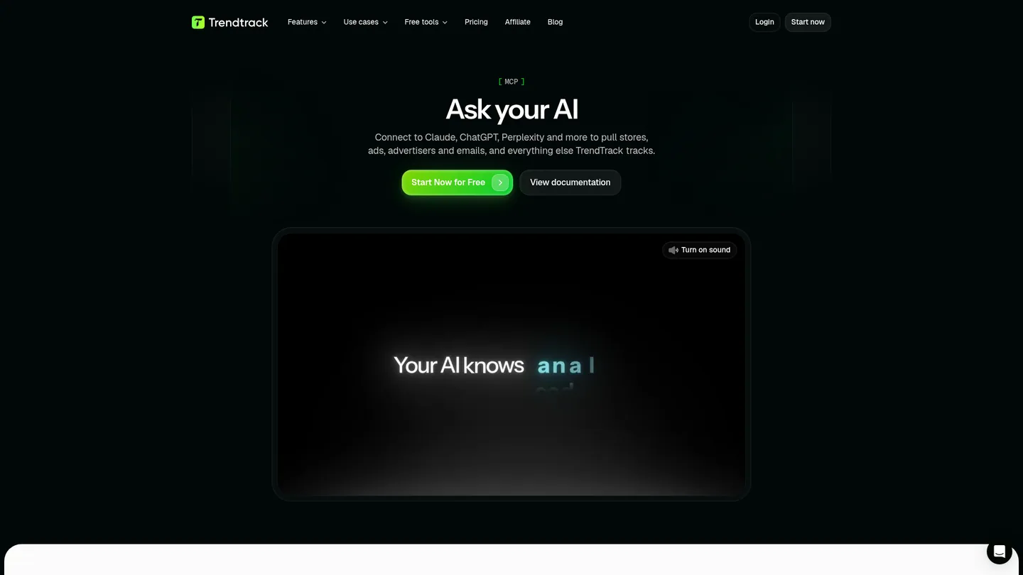 TrendTrack's MCP page for ecommerce data in AI clients, captured 29 September 2026